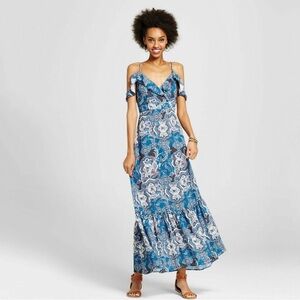 Xhilaration Maxi Dress Peasant Boho Cold Shoulder Fit/Flare Ruffle Hem Sz L